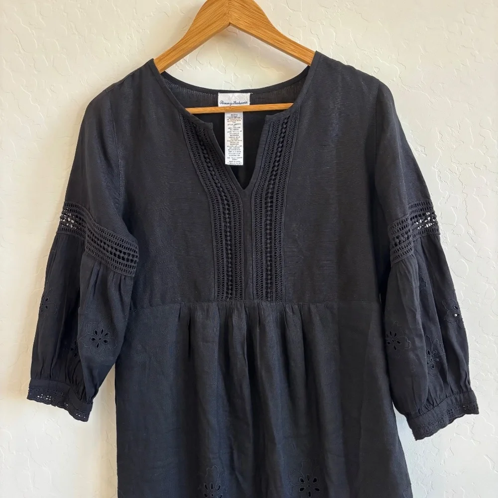 Tommy Bahama, Size XS St. Lucia Linen-Blend Split Neck Cover-Up Dress in black. - Picture 2 of 10